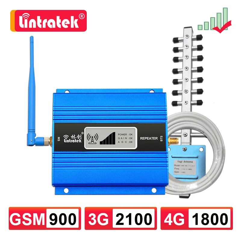 Сотовый мобильный телефон Lintratek GSM 900, ретранслятор 4G LTE 1800 3G UMTS 2100, усилитель сигнала 1800 МГц + антенна Yagi + комплект 10 м