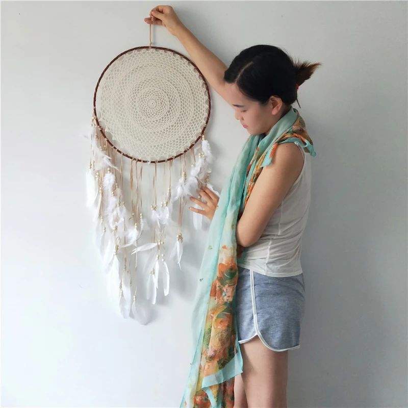 Круглые подвесные Ловцы снов Asibikaashi 40 см бежевая хлопковая нить плетеные