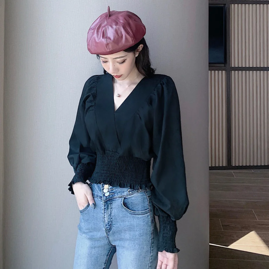 

Shirts Women V-neck Slim Lantern Sleeve Ruffles Sexy Solid Retro Elastic Ins Short Style Classic Fashion Leisure Comfortable New