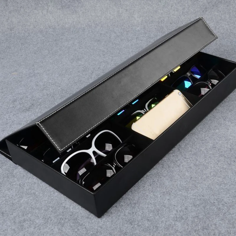 

12-Slot Plaid Jewelry Sunglasses Glasses Storage Box Eyes Wear Display Tray Watch Storage Bag PU Leather Gifts Black