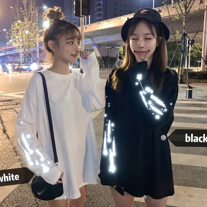 

Reflective Long-sleeved T-shirt Female 2021 Spring And Autumn Campus Loose Bf Lazy Wind Wild Long Shirt Nightclub Street Dance