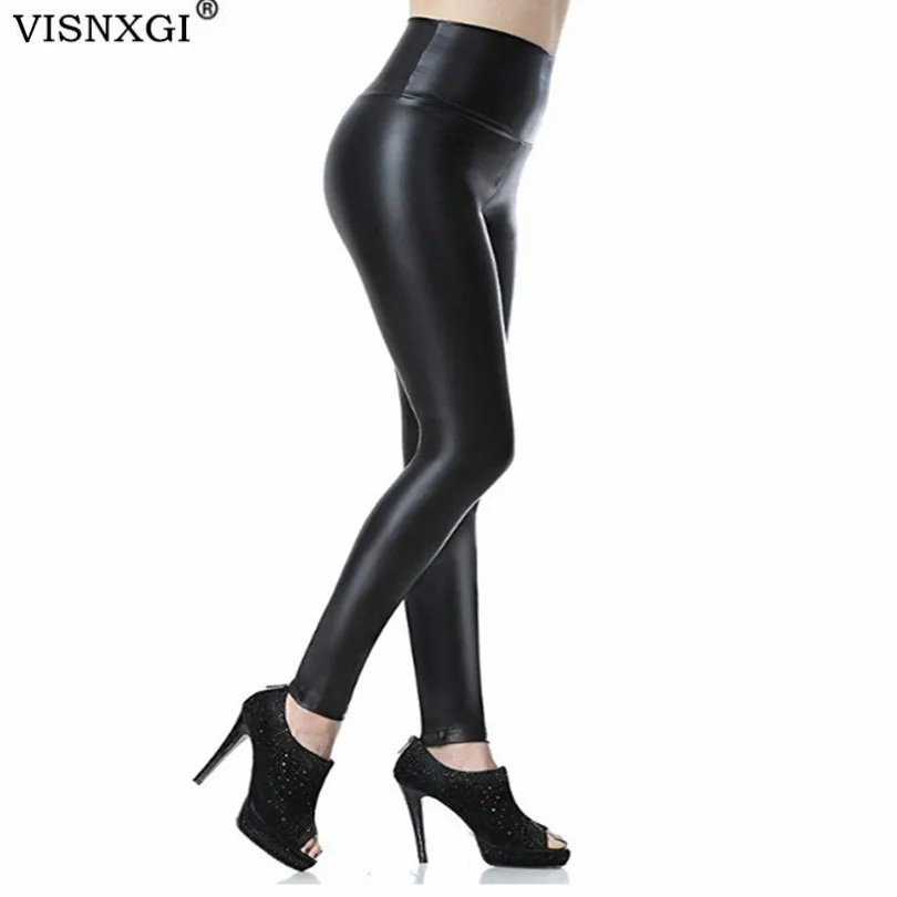 

VISNXGI High Waist Faux Leather Leggings Fashion Black Women Stretchy Push Up Plus Size Skinny Pants Foot Zipper Ladies Trousers