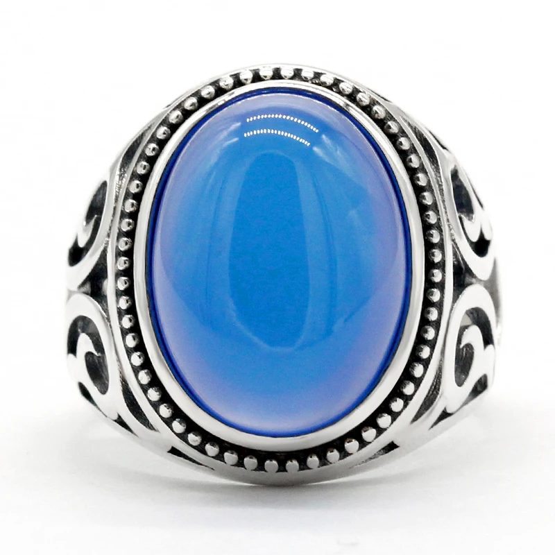 

Vintage Men's Ring with Agate Stone 925 Sterling Silver Blue Natural Gemstone Ring Gorgeous Jewelry Stone Rings For Men Gift