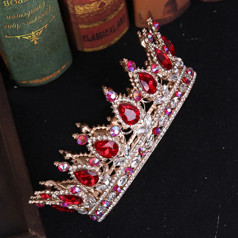Luxury Round Queen Crowns Shinny Crystal Gold Bridal Tiara With Burgundy Rhinestones New Princess Marrige Accessory SQ0295 - Цвет: colorful rhinestone