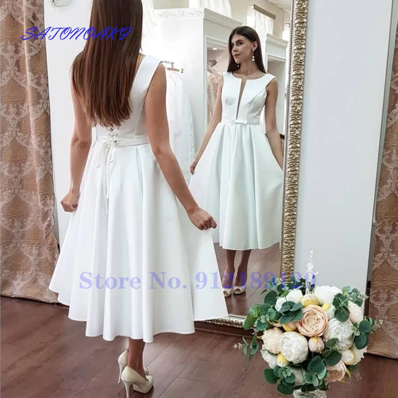 

Vestidos De Novia 2021 Elegant Short Tea Length Wedding Dress V-Neck Bohemian Charming Satin Beach Bride Gown Robe De Mariee