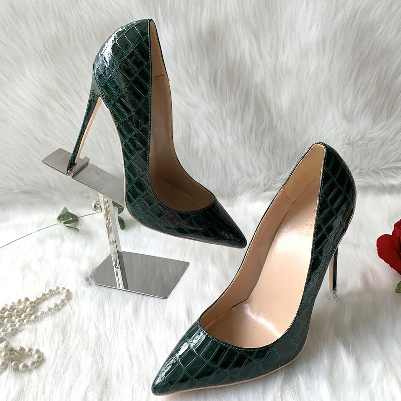 Женские туфли с острым носком темно-зеленые туфли-лодочки на высоком каблуке 12 см