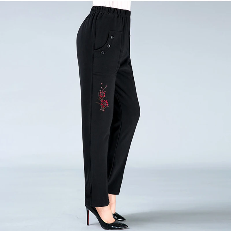 

Oversize Middle-aged Women's Trousers New Embroidery Autumn Spring Pants Elastic Waist Casual Straight Pants Female Winter Pants