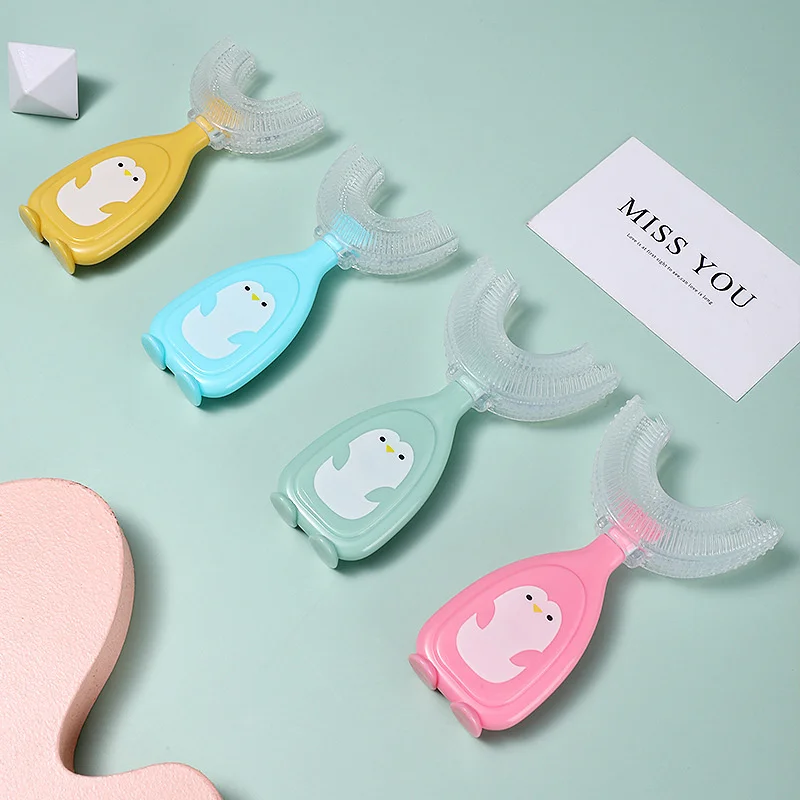 Cepillo de dientes en forma de U para ni&ntilde;os, con mango, de silicona, con dibujos animados, para el cuidado de limpieza Oral, para ni&ntilde;os de 2 a 12 a&ntilde;os-3