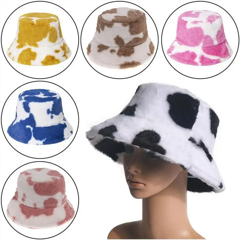 

New Fashion Faux Fur Cow Print Bucket Hats Women Winter Panama Fisherman Caps Gorra