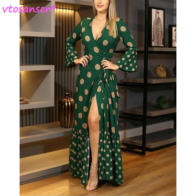 

Plus Size Party Ladies Evening Dress Elegant Long Casual Dress 2021 New Sexy Autumn Green V-neck Free Shipping Mid-length Dress