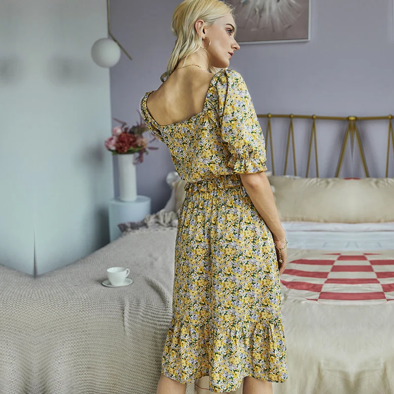 

Multicolo floral print dress suit women 2020 summer short sleeve 2 piece elegant dress feminine elastic waist Women's Suit dress