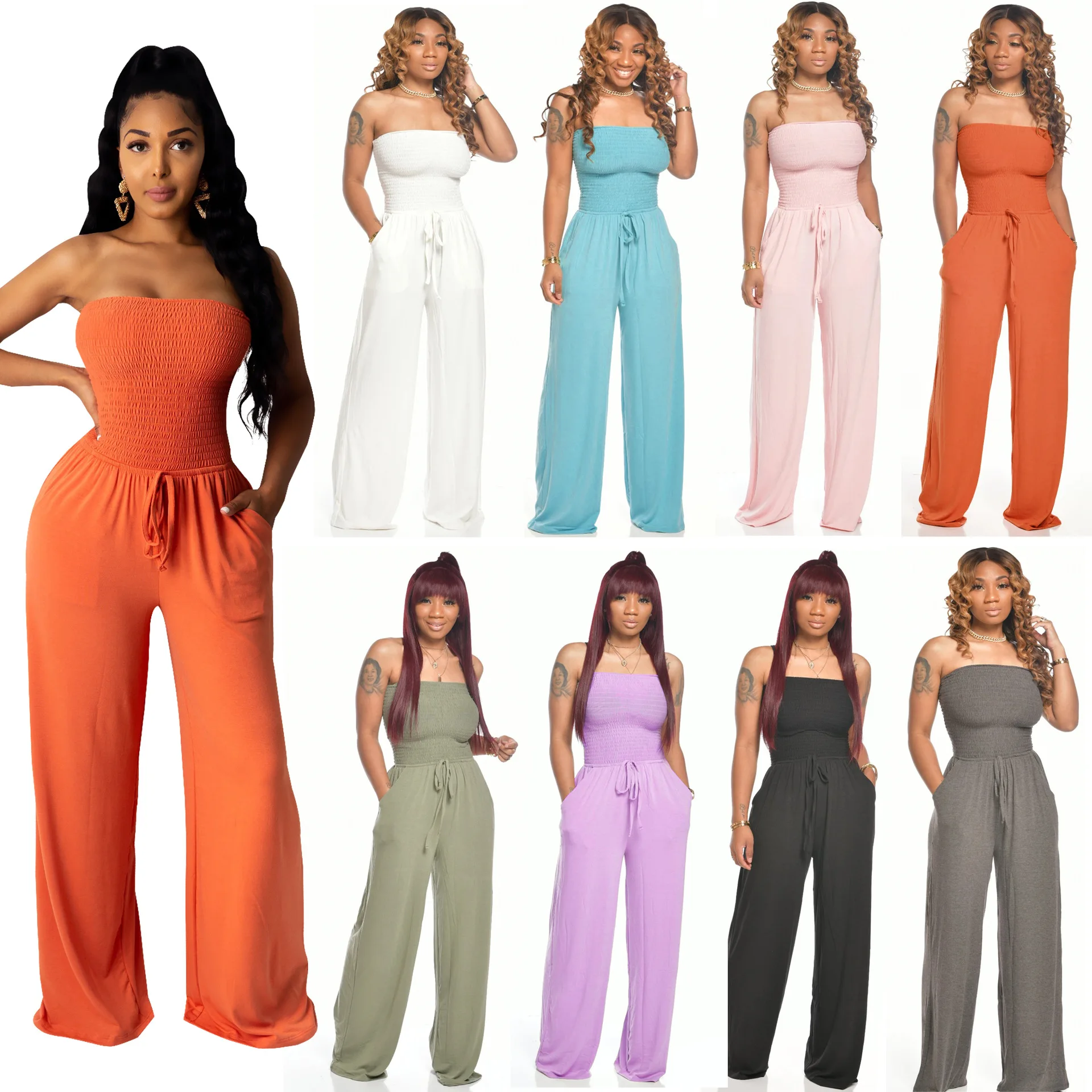 

Hot sale European and American fashion home pants solid color tube top wide-leg jumpsuit