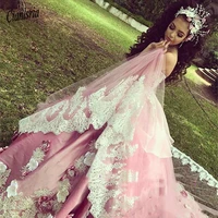 luxury pink ball gown quinceanera dresses with detachable train lace applique hand made flowers floral formal prom party gown