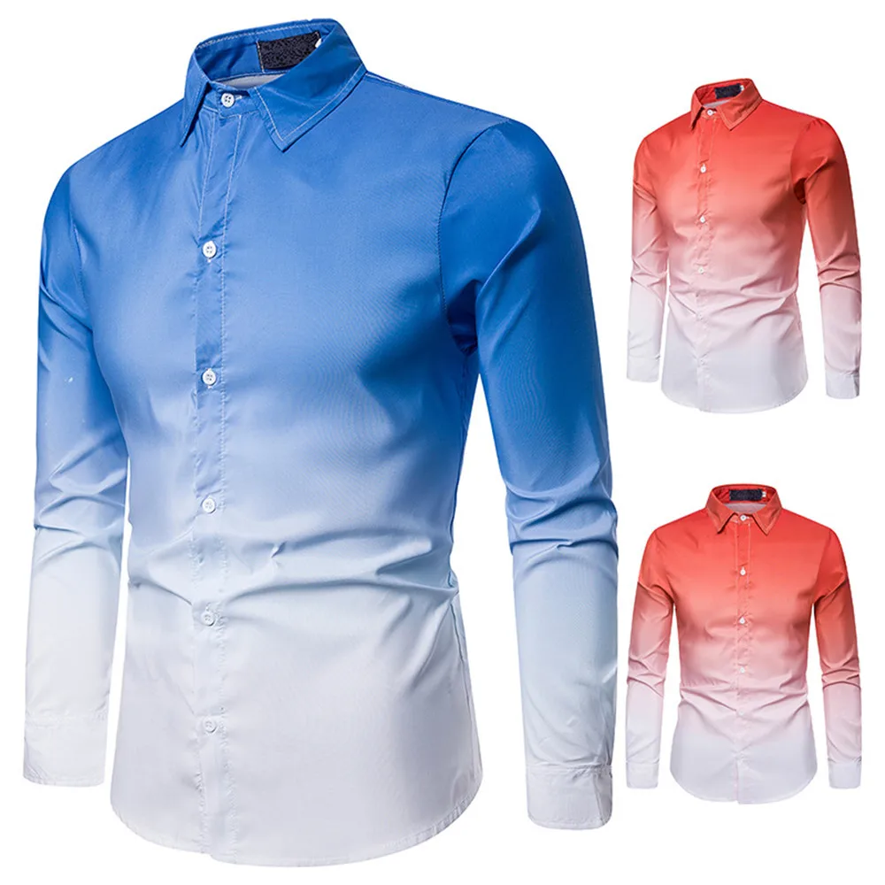 Весна осень мужские повседневные рубашки с длинным рукавом градиентные цветные