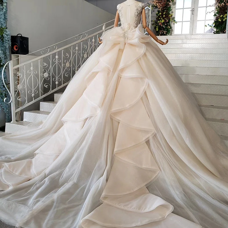 HTL970 Бальные Свадебные платья с оборками со шлейфом и круглым вырезом без рукавов