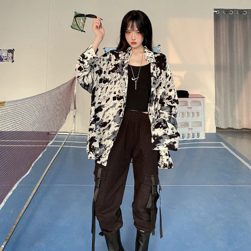 Женская блузка оверсайз с длинным рукавом камуфляжная Свободная рубашка принтом