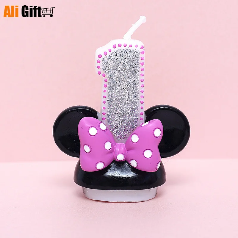 Свеча с цифрами на день рождения розовая свеча бантиком Микки и Минни для