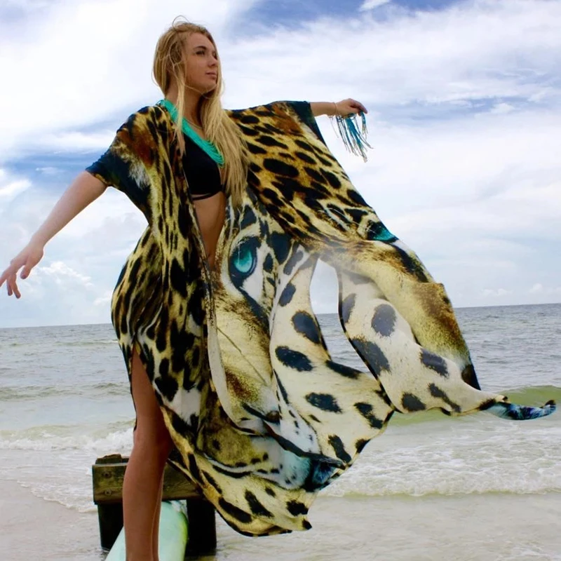 

Sexy Bohemian Shirt Dress Sexy Tiger Pattern Print Kimono 2021 Robe Plage Casual Holiday Dress Boho Loose Sarong Tunics