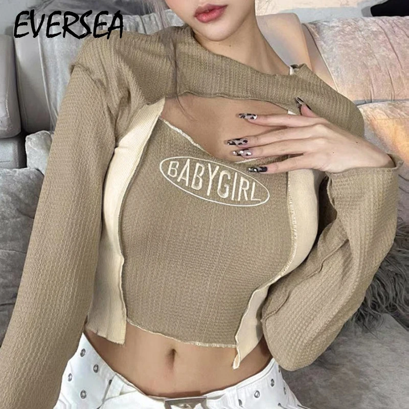 

Eversea Y2k Fairy Kawaii Fairycore Hot Girl Fashion Letter Embroidered Splicing Vest Long Sleeve Blouse Two-Piece Set Crop Top