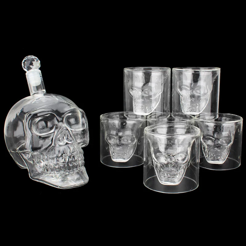 

7pcs Transparent Skull Glass Cup Decanter Bottle Double Laye Cup For Alcohol Whiskey Decanter Set Vodka Wine Crystal Shot Glass