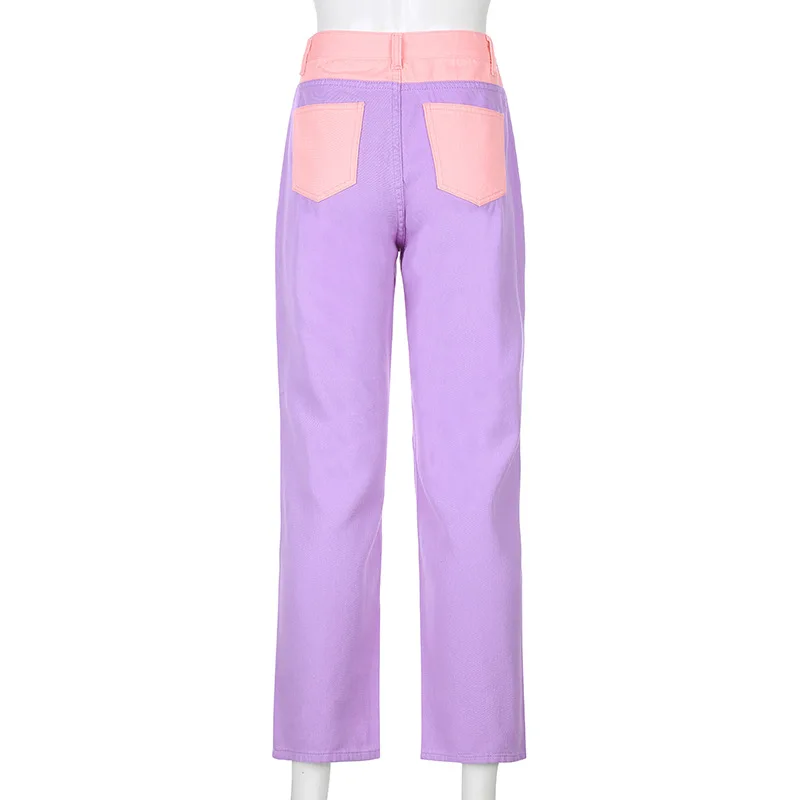 

Women Patchwork Jeans Splicing Cutting Color Block Trousers Street Hip Hop Pants Casual Female High Waist Button Trousers