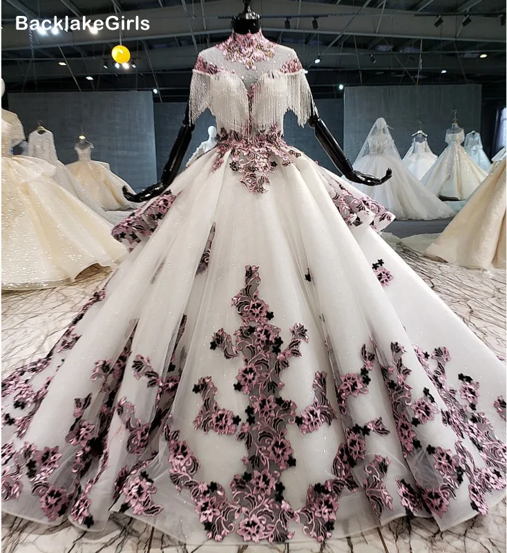 Бальное Платье Свадебные Платья с фиолетовой Иллюзия аппликации высоким воротом