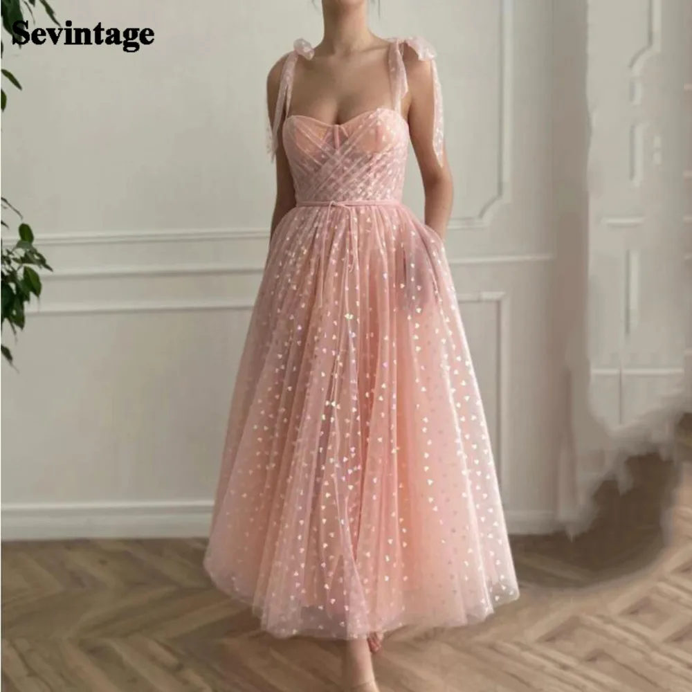 

Sevintage Pink Hearty Tulle Prom Dress A Line Pleats Tea-Length Short Homecoming Dresses Spaghetti Strap Wedding Party Gowns