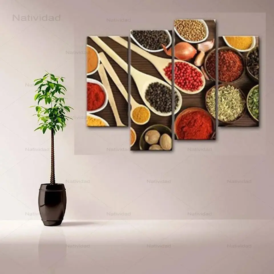 

Wall Art Pictures Colorful Spice Gather In Table Granulated 4 Pieces Canvas Painting Modular Printed Decorative for Kitchen