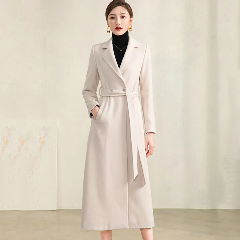 

New Women Autumn Winter White Double Faced Woolen Overcoat Fashion Simple Solid Color All-match Slim Long Suit Wool Blends Coat