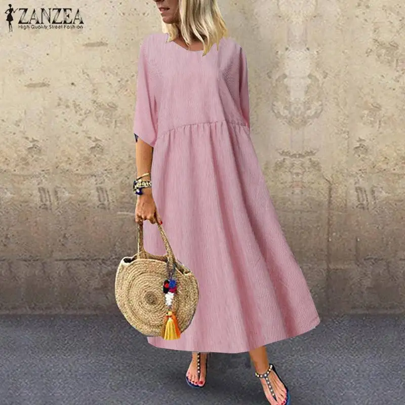 ZANZEA размера плюс Полосатое Платье женское повседневное длинное макси Vestidos винтажное летнее платье с круглым вырезом хлопковое льняное платье 5XL