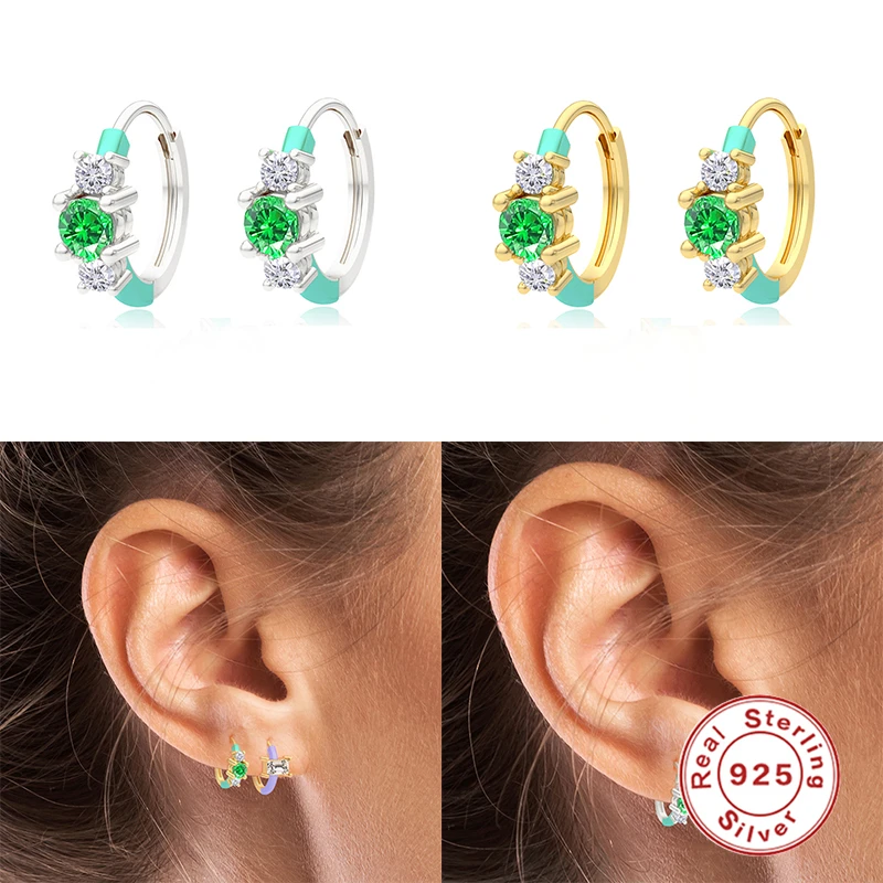 

ROXI Luxury Colorful Three Crystals Round Hoop Earrings for Women 925 Sterling Silver Circle Crystals Jewelry Earrings Huggie