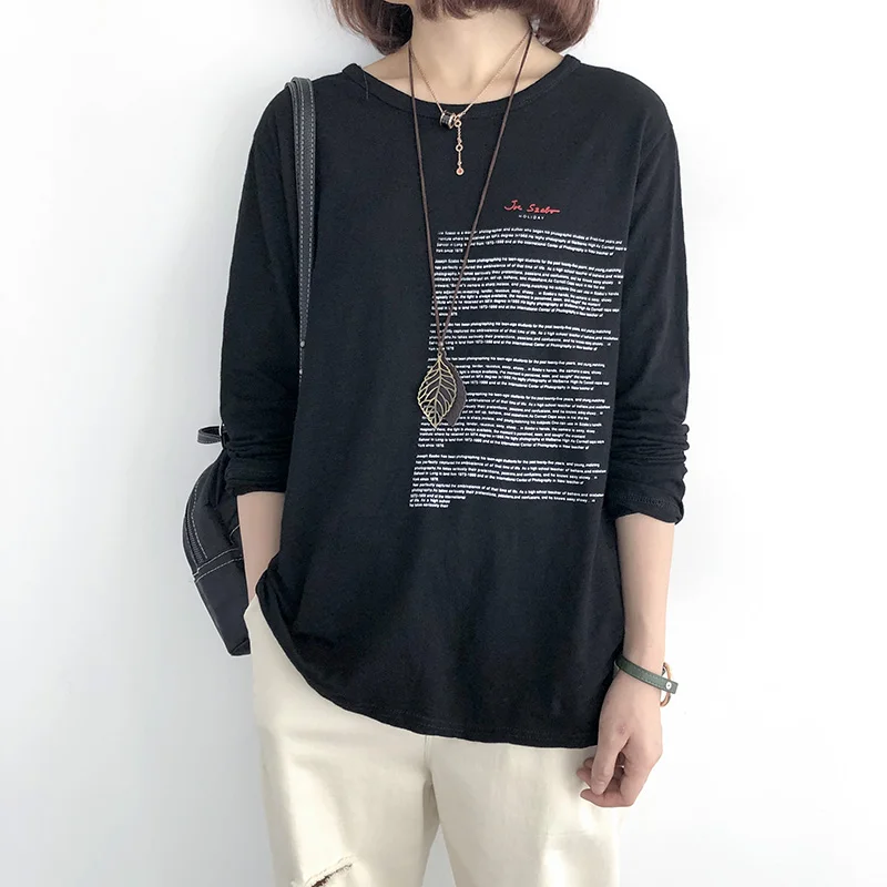 2019 винтажная Женская футболка из хлопка и бамбука осенняя тонкая черная модная