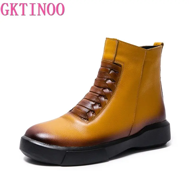 

GKTINOO Autumn Winter Genuine Leather Flat Ankle Boots For Women Warm Boots Side Zipper Soft Comfortable Cow Leather Botas