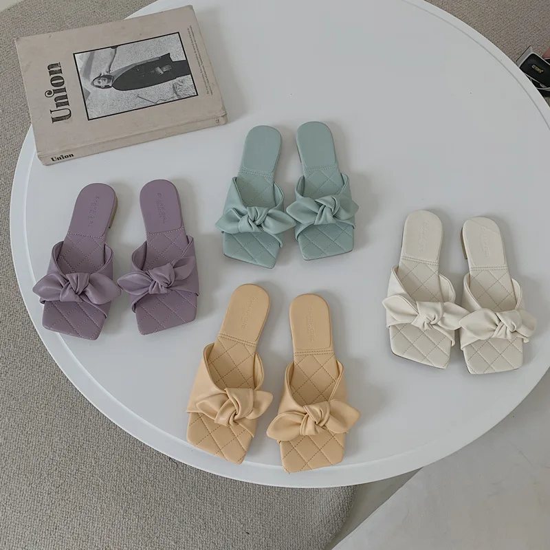 

2021 Elegant Bow Women Slippers Indoor Outdoor Flip-flops Beach Slippers Fashion Student Home Casual Sandals Bow Flat Shoes