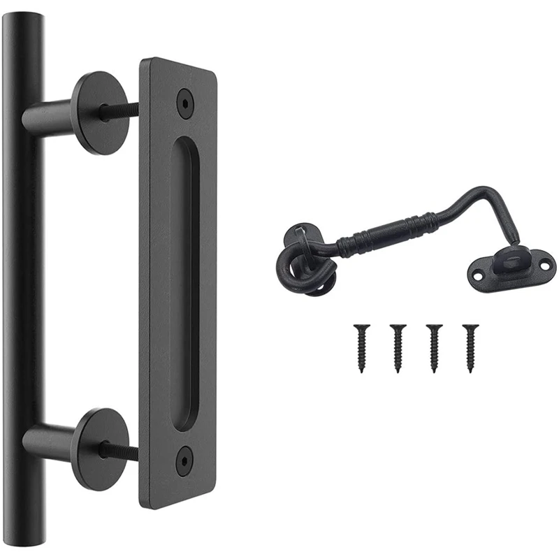 

Heavy Duty 12 Inch Pull and Flush Sliding Barn Door Handle Set with Privacy Latch Hook Black Coated Finish Round Shape