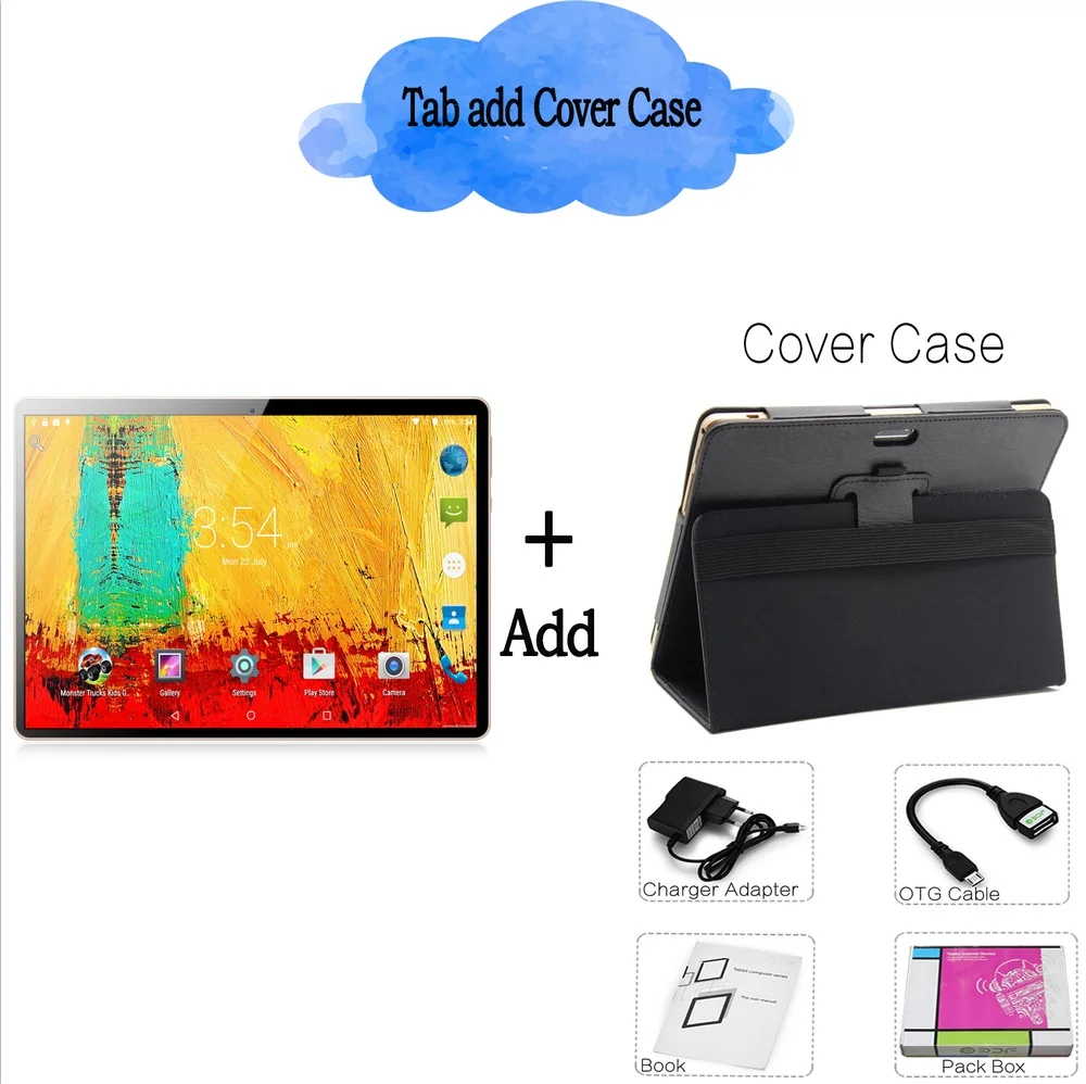 Add Cover Case Планшетный ПК 10 дюймов Octa Core 3g Телефонный звонок Google Рынок Android 7,0 tab gps, Wi-Fi, FM, Bluetooth 10 дюймов Планшеты 4G+ 64G - Комплект: Add Cover Case