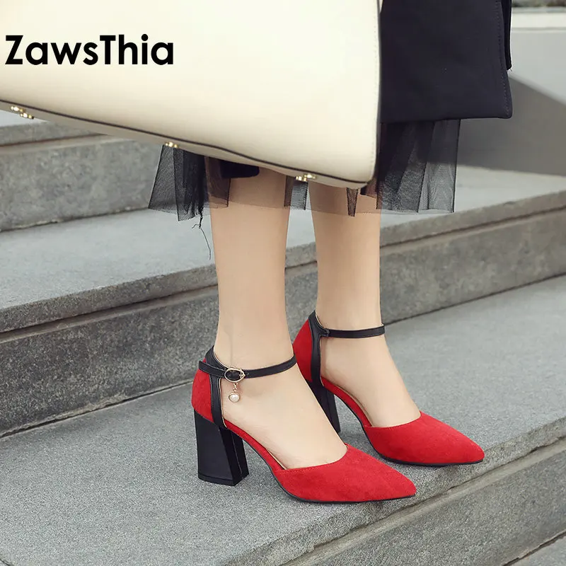 ZawsThia 2020 женская обувь с ремешком на щиколотке высоком блочном каблуке Дамская