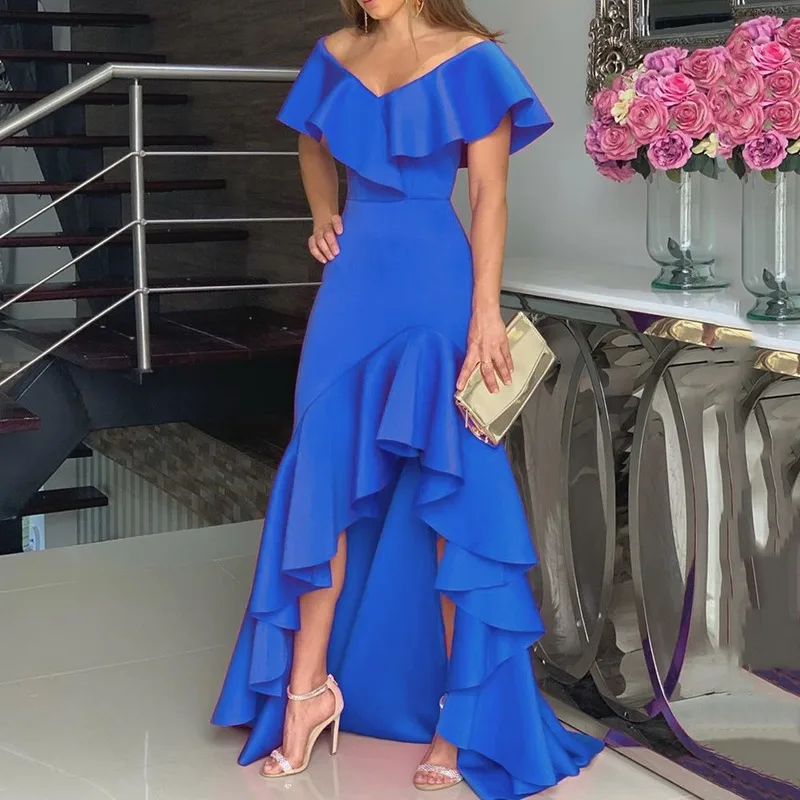 Вечернее платье женское асимметричное винтажное без рукавов синее в пол с