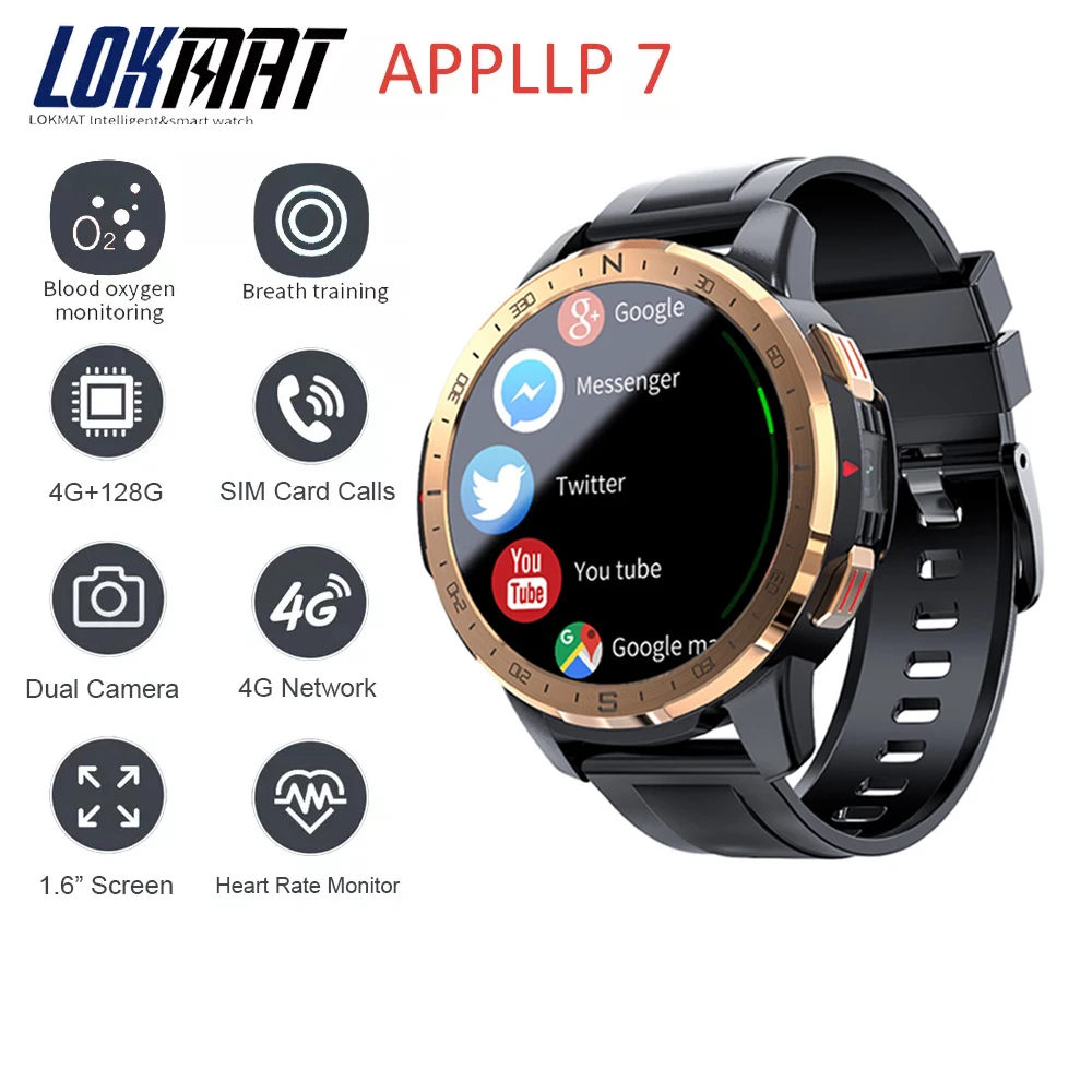 

LOKMAT APPLLP7 Android Smart Watch Phone 4G Network Wifi 1.6 Inch Full Round Touch Screen Smartwatch Men Camera Video Calls GPS