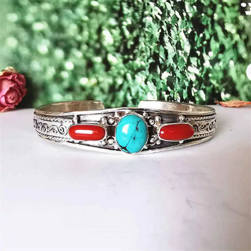 Nepal Hand Vintage Jewelry 925 Sterling Silver Inlaid Natural Turquoises Coral Open Cuff Bangles Free Ship T9110