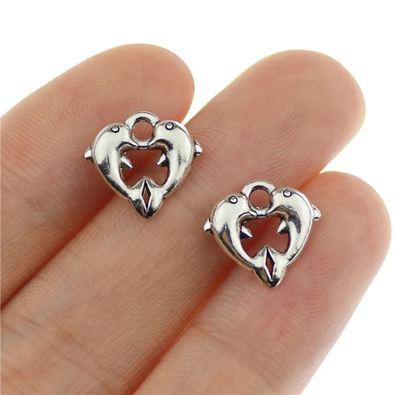 

30pcs 11x11mm Antique Silver Color Cute Small Animal Couple Dolphin Charms Heart Shaped Pendants Making DIY Jewelry Handmade