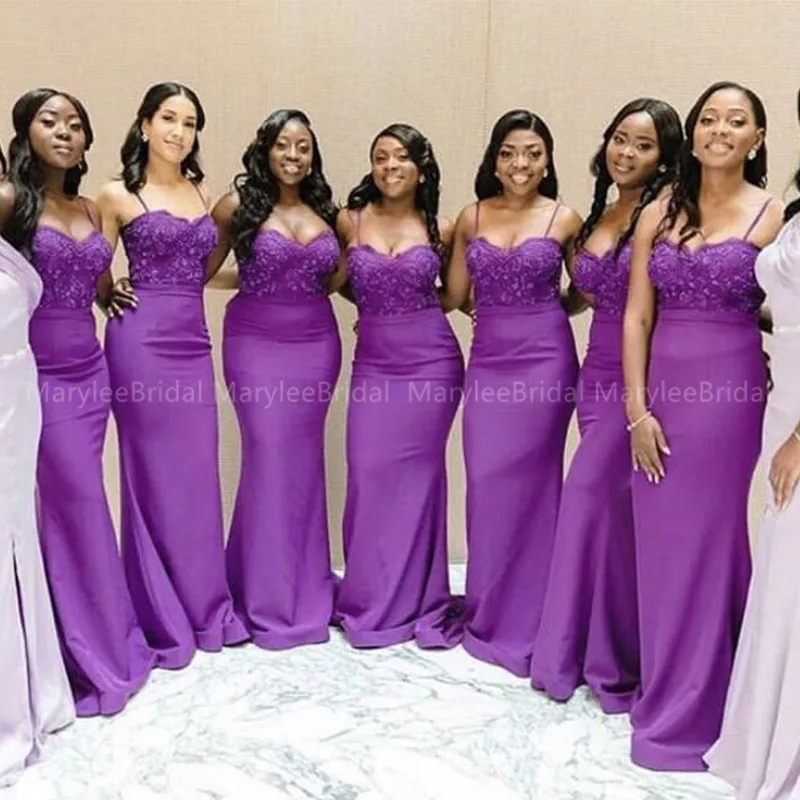 Spaghetti Strap Royal Purple Bridesmaid Dresses Long Beads Applique Mermaid Maid Of Honor Wedding Party Dress Robe De Soiree | Свадьбы и