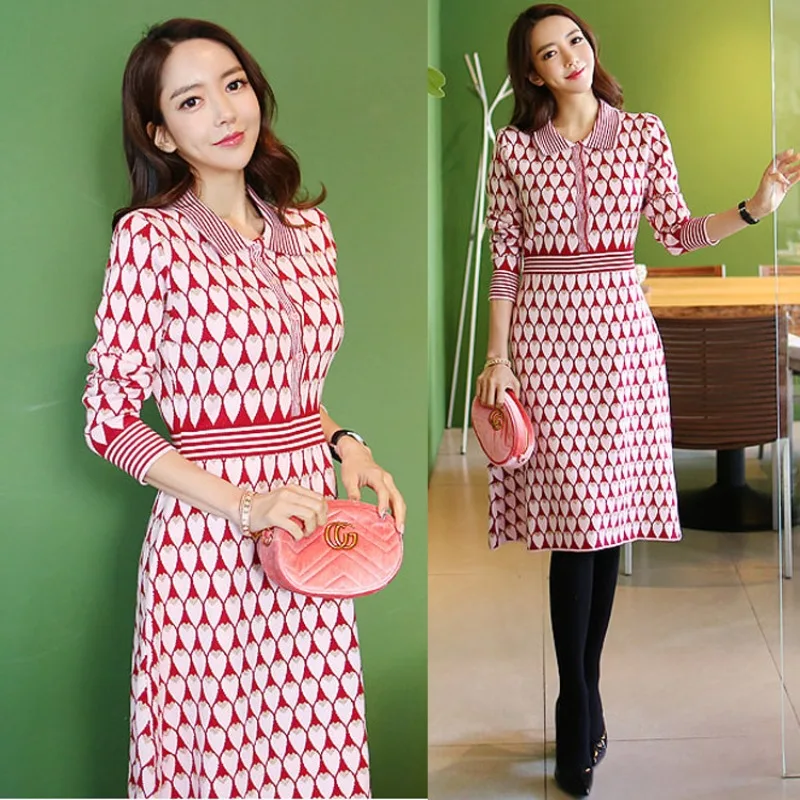 

Knitted Sweater Dress Women Pink Heart Jacquard Knit Dress Peter Pan Collar A-Line Knee-Length High Waist Korean Vintage