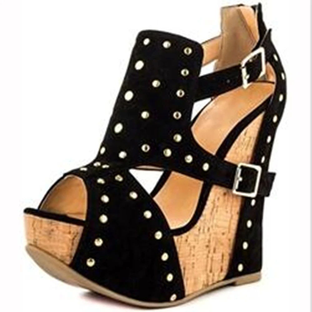 Minan Ser Shoes,Elegant Fashion Free Mail, Leather Fabric, Rivet Decorating, 14. 5 cm Wedges Sandals, Women's Sandals.SIZE:34-45