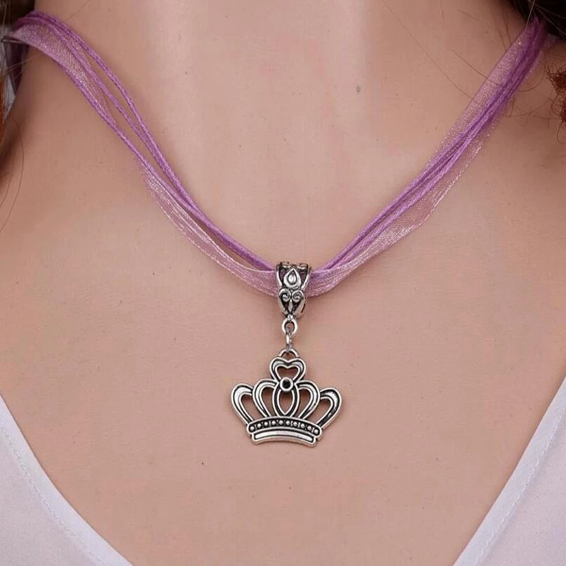 Vintage Silver Opal Angel Necklace Cupid Pendant Statement Imperial Crown Choker Hollow Ange Organza Jewelry Gift | Украшения и