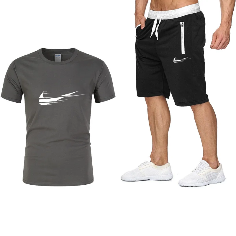 

Summer Men's Sets Cotton T-shirt + Black Casual Pants Solid Color Printing Sports Casual Fashion Suit
