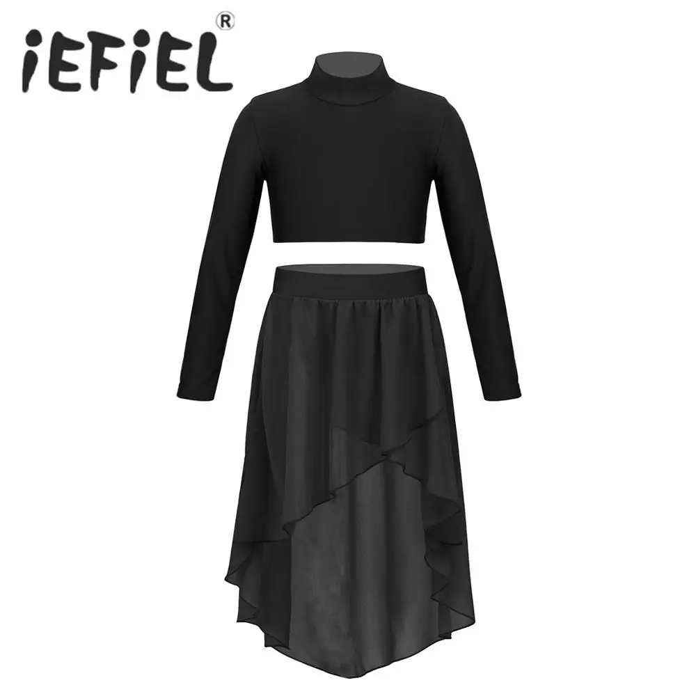 

Kids Girls Clothes Outfits Casual Solid Color Long Sleeves Crop Top With Chiffon Skirts Set Dancewear Stage Ballet Dance Costume