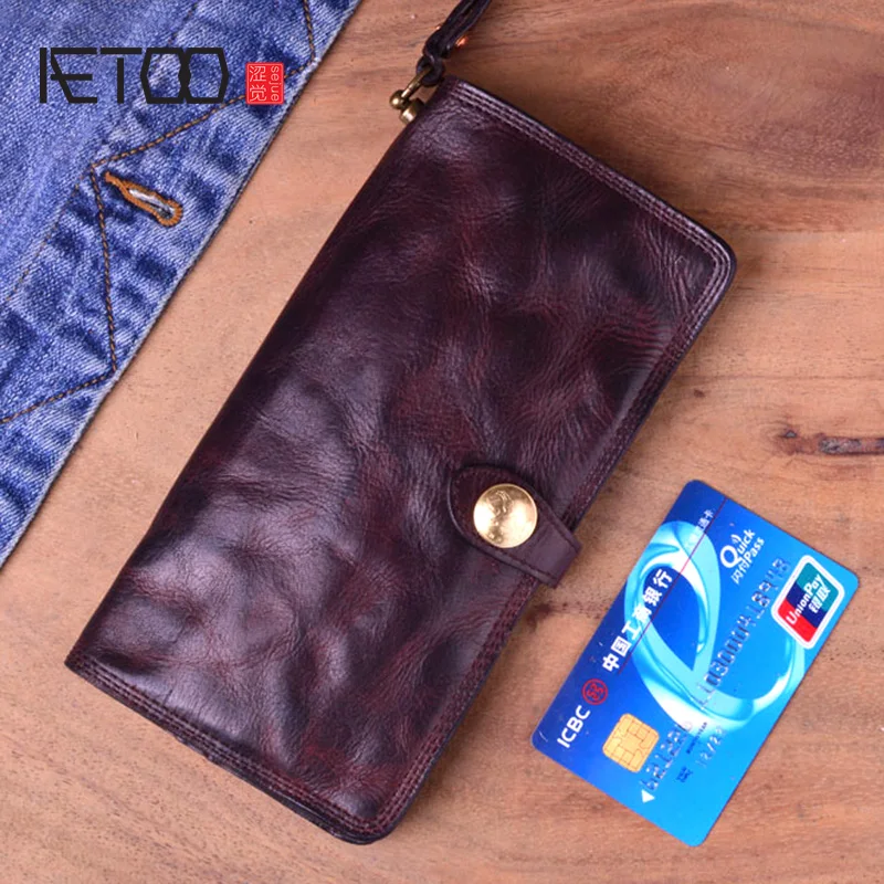 

Мужской Длинный кошелек AETOO из растительного дубления, тонкий бумажник в стиле ретро, оригинальный держатель для карт ручной работы, клатч