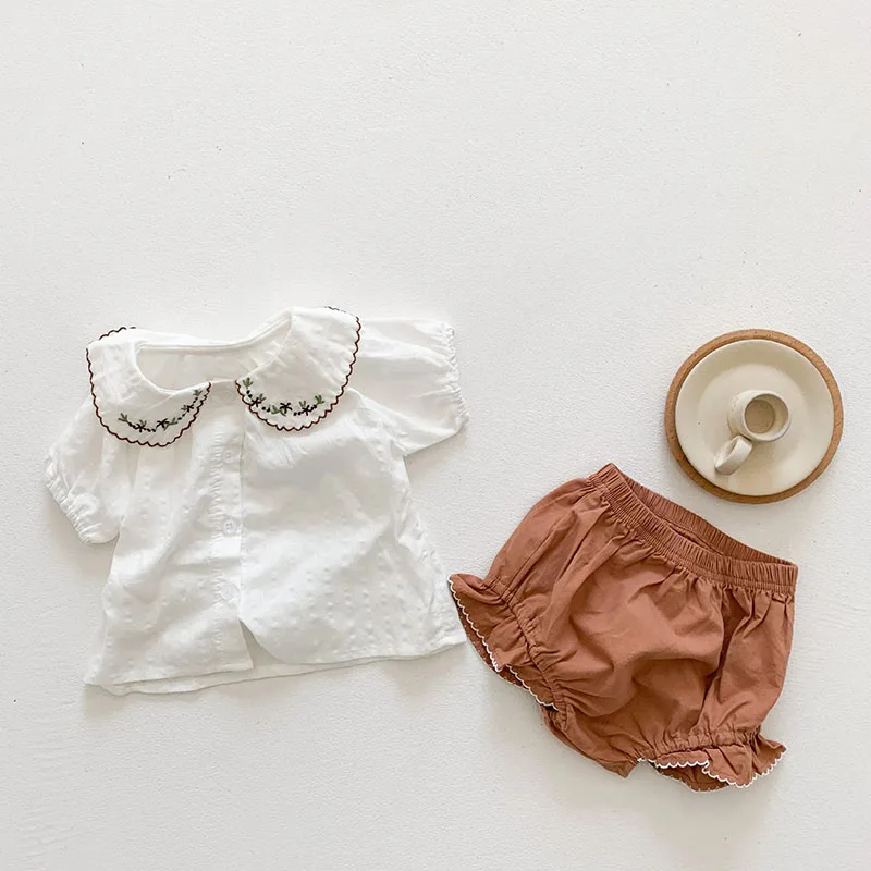 

MILANCEL Girls Suit Cotton T-shirt Solid Casual Shorts Embroidery Outfit