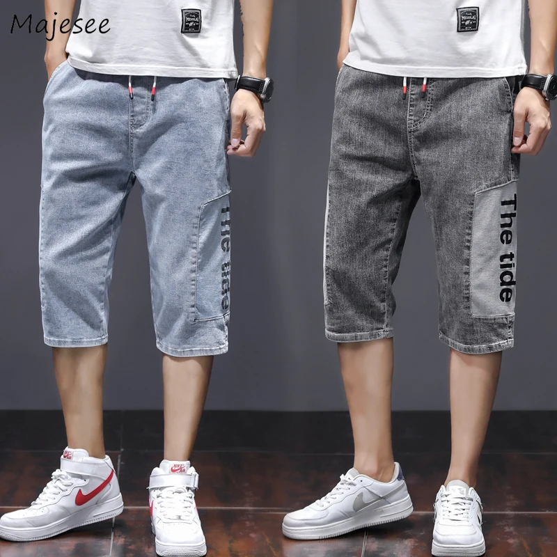 

Men Jeans Letter Printed Leisure Plus Size 4XL Baggy Retro Knee-length Mens Denim Trousers Fashion Elastic Waist All-match New
